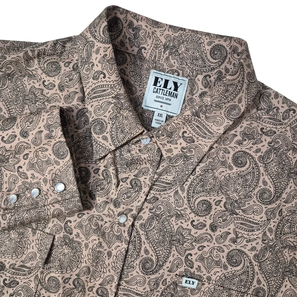 Ely Cattleman Western Shirt Mens XXL Tan Paisley Pearl Snap Long Sleeve Cotton - Picture 1 of 9